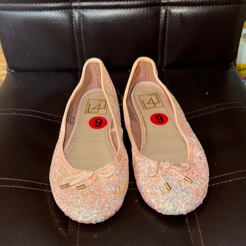 Pink Glitter Flats with Lace Embellishments